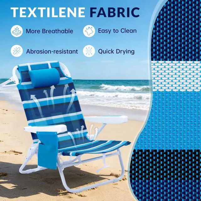 Alt view image 3 of 7 - WTVIDAS Beach Chair 2 Pack, Mesh Fabric 5 Positions Folding Reclining Beach Chair with Backpack Straps, Cooler Bag & Cup Holder for Outdoor Lawn Camping