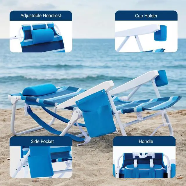 Alt view image 7 of 7 - WTVIDAS Beach Chair 2 Pack, Mesh Fabric 5 Positions Folding Reclining Beach Chair with Backpack Straps, Cooler Bag & Cup Holder for Outdoor Lawn Camping