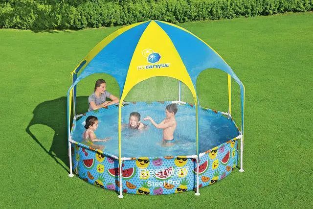Alt view image 2 of 7 - H2OGO! Kids Splash-in-Shade 8-Foot Round Steel Frame Above Ground Pool with Water Mister and Canopy Sunshade, Green Tropical Leaf Print