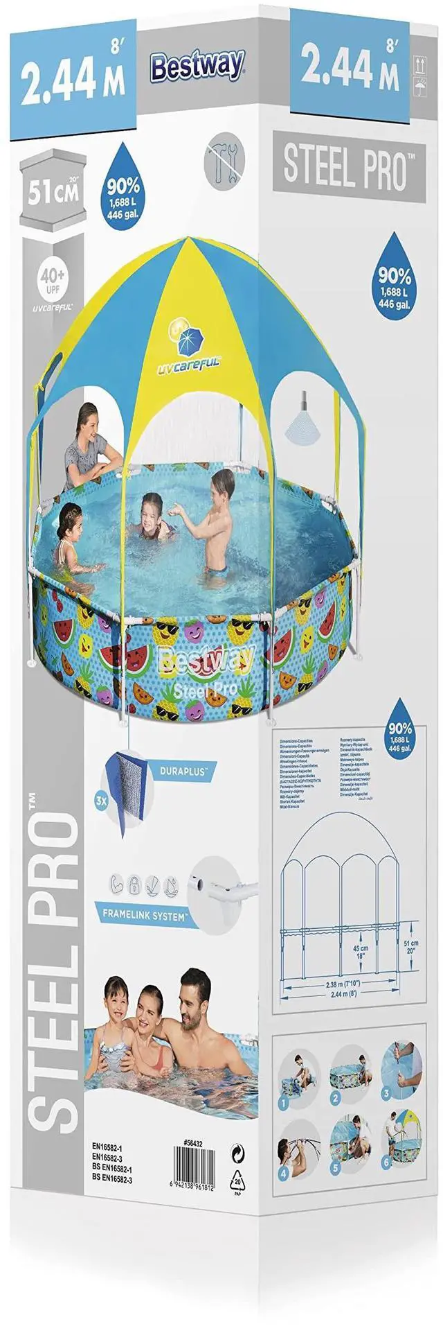 Alt view image 3 of 7 - H2OGO! Kids Splash-in-Shade 8-Foot Round Steel Frame Above Ground Pool with Water Mister and Canopy Sunshade, Green Tropical Leaf Print