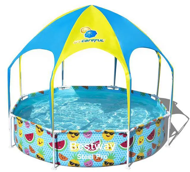 Main image of H2OGO! Kids Splash-in-Shade 8-Foot Round Steel Frame Above Ground Pool with Water Mister and Canopy Sunshade, Green Tropical Leaf Print