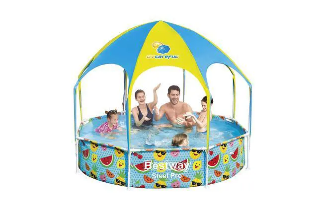 Alt view image 4 of 7 - H2OGO! Kids Splash-in-Shade 8-Foot Round Steel Frame Above Ground Pool with Water Mister and Canopy Sunshade, Green Tropical Leaf Print