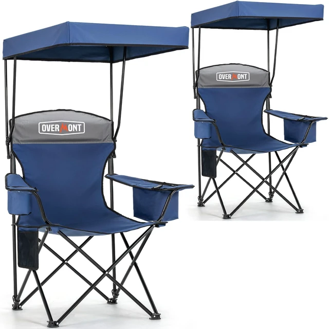 Main image of 2-Pack Camping Chairs with Canopy Shade - 330 lb Support | Folding Beach Chair with 2.5" Padded Headrest for Added Comfortable Seating at Outdoor Events, Sports, Fishing and Pool