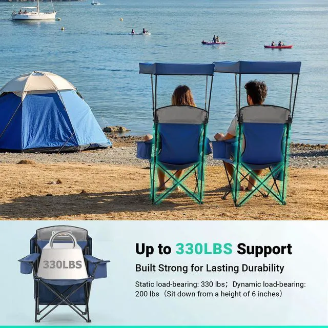 Alt view image 6 of 7 - 2-Pack Camping Chairs with Canopy Shade - 330 lb Support | Folding Beach Chair with 2.5" Padded Headrest for Added Comfortable Seating at Outdoor Events, Sports, Fishing and Pool
