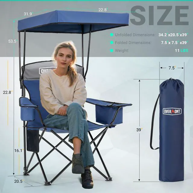 Alt view image 7 of 7 - 2-Pack Camping Chairs with Canopy Shade - 330 lb Support | Folding Beach Chair with 2.5" Padded Headrest for Added Comfortable Seating at Outdoor Events, Sports, Fishing and Pool