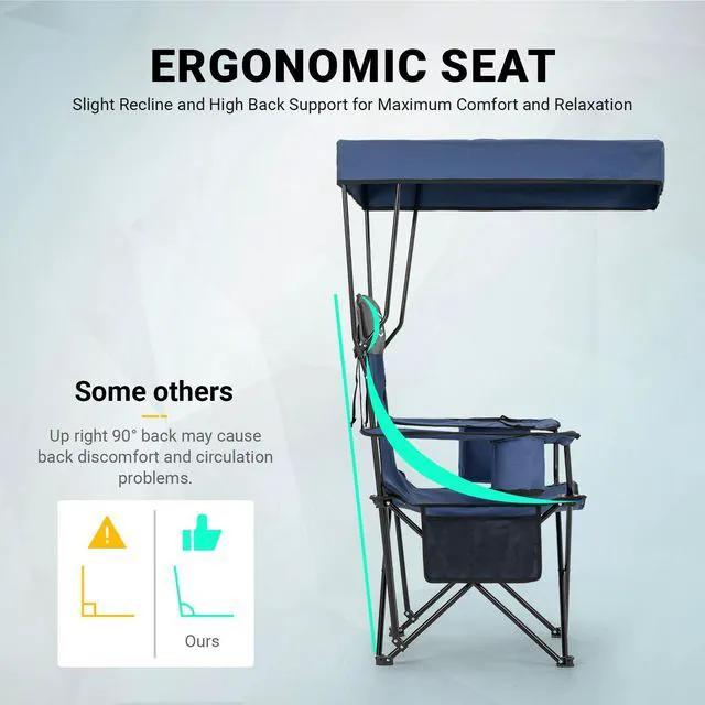 Alt view image 4 of 7 - 2-Pack Camping Chairs with Canopy Shade - 330 lb Support | Folding Beach Chair with 2.5" Padded Headrest for Added Comfortable Seating at Outdoor Events, Sports, Fishing and Pool