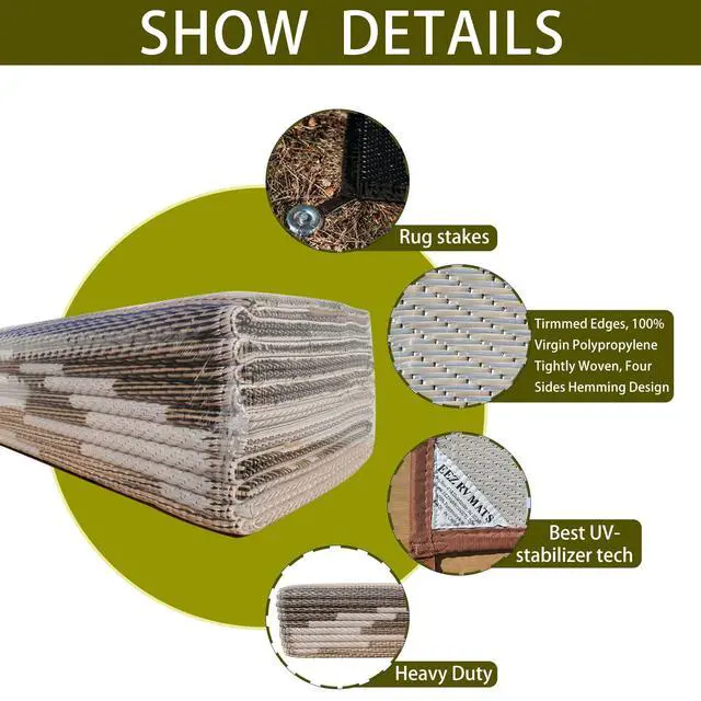 Alt view image 4 of 7 - EEZ RV Products 9'x12'BRW Heavy Duty Reversible/Durable Outdoor Patio/RV Mats - Perfect for Camping, Beach (9ft x 12ft Brown) Come with Large Storage Bag & 6 Sets of Stakes and Washer