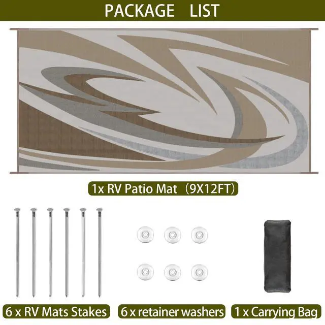 Alt view image 5 of 7 - EEZ RV Products 9'x12'BRW Heavy Duty Reversible/Durable Outdoor Patio/RV Mats - Perfect for Camping, Beach (9ft x 12ft Brown) Come with Large Storage Bag & 6 Sets of Stakes and Washer