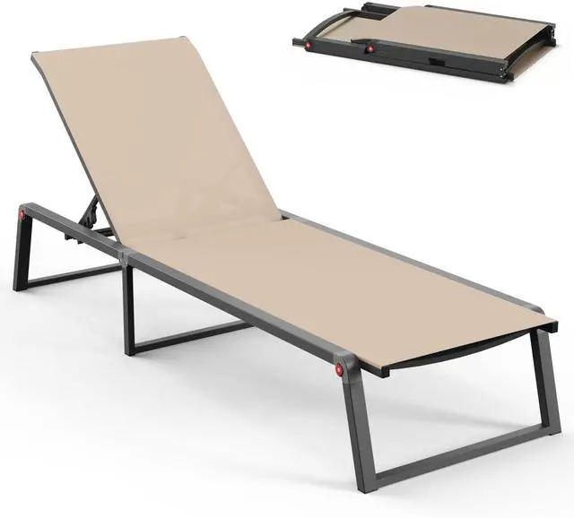 Main image of Aluminum Chaise Lounge Chair Outdoor, Foldable& No Assembly Patio Pool Lounge Chairs 5-Position Recliner for Outside, Fully Grounded Legs Sun Lounger for Poolside, Khaki