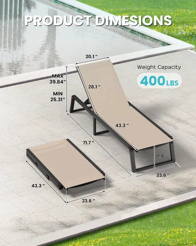 Alt view image 2 of 6 - Aluminum Chaise Lounge Chair Outdoor, Foldable& No Assembly Patio Pool Lounge Chairs 5-Position Recliner for Outside, Fully Grounded Legs Sun Lounger for Poolside, Khaki