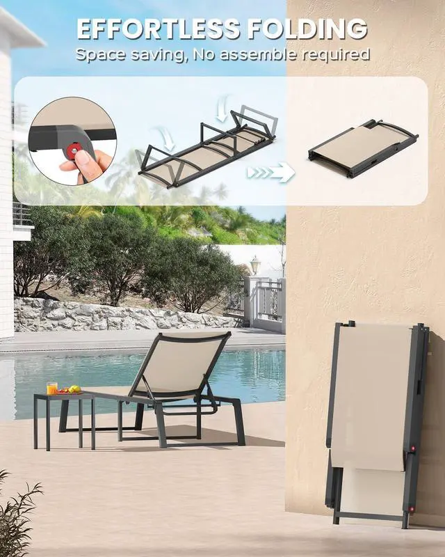 Alt view image 3 of 6 - Aluminum Chaise Lounge Chair Outdoor, Foldable& No Assembly Patio Pool Lounge Chairs 5-Position Recliner for Outside, Fully Grounded Legs Sun Lounger for Poolside, Khaki