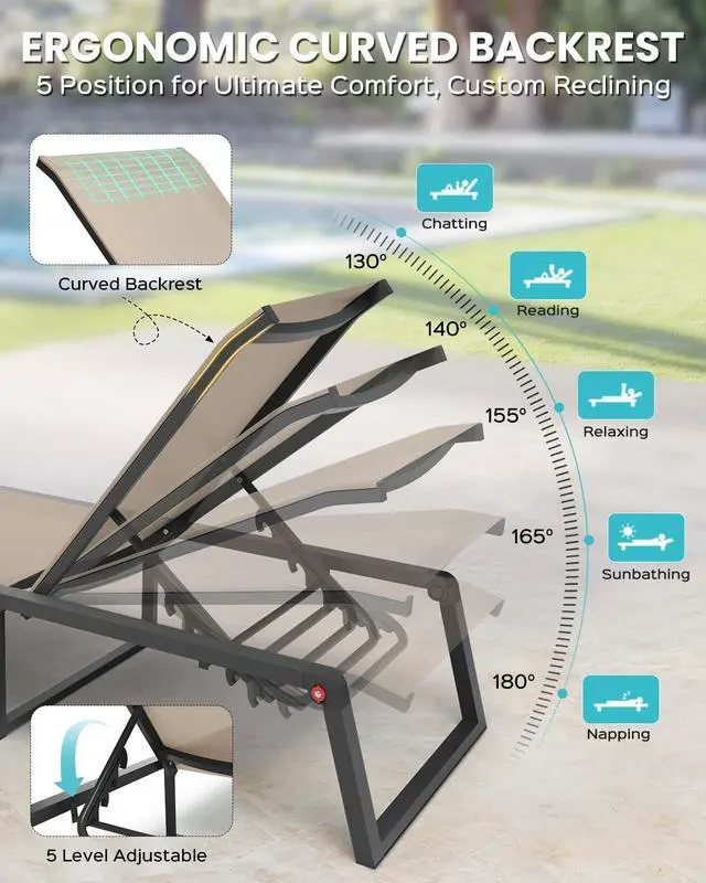 Alt view image 4 of 6 - Aluminum Chaise Lounge Chair Outdoor, Foldable& No Assembly Patio Pool Lounge Chairs 5-Position Recliner for Outside, Fully Grounded Legs Sun Lounger for Poolside, Khaki