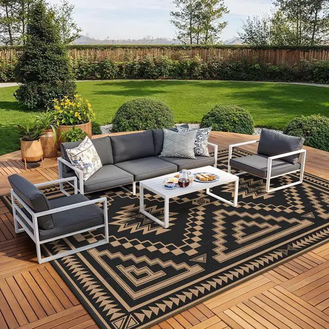 Main image of GENIMO Outdoor Rug for Patio Clearance - 10x14 ft Waterproof Plastic Camping Rugs, Reversible Outside Rv Mat Carpet for Porch, Deck, Picnic, Balcony, Beach, Backyard, Black Brown