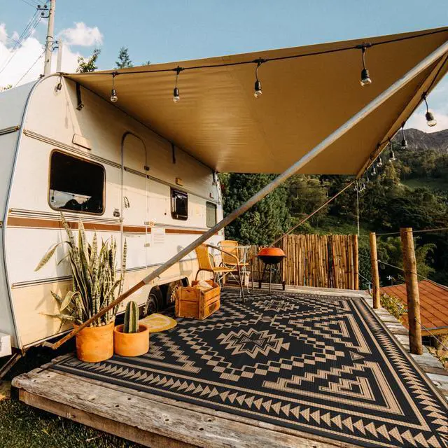 Alt view image 2 of 7 - GENIMO Outdoor Rug for Patio Clearance - 10x14 ft Waterproof Plastic Camping Rugs, Reversible Outside Rv Mat Carpet for Porch, Deck, Picnic, Balcony, Beach, Backyard, Black Brown