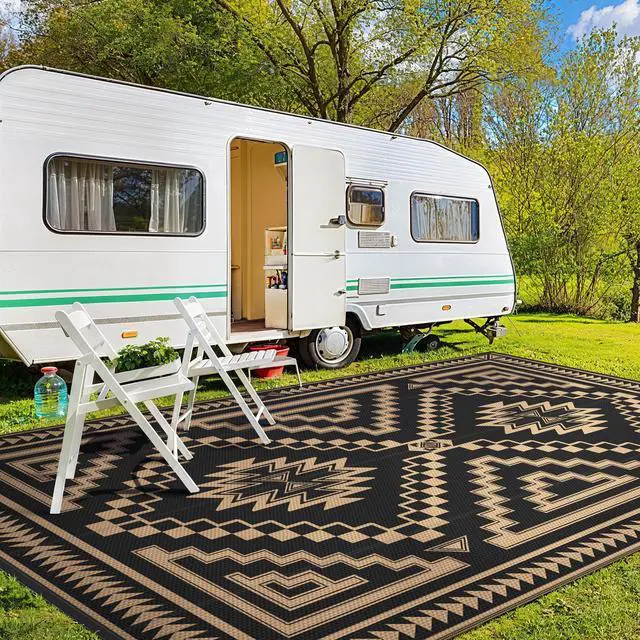 Alt view image 3 of 7 - GENIMO Outdoor Rug for Patio Clearance - 10x14 ft Waterproof Plastic Camping Rugs, Reversible Outside Rv Mat Carpet for Porch, Deck, Picnic, Balcony, Beach, Backyard, Black Brown