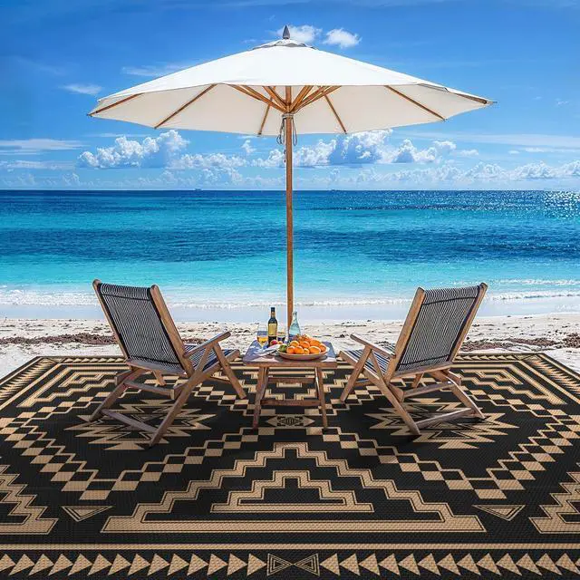 Alt view image 5 of 7 - GENIMO Outdoor Rug for Patio Clearance - 10x14 ft Waterproof Plastic Camping Rugs, Reversible Outside Rv Mat Carpet for Porch, Deck, Picnic, Balcony, Beach, Backyard, Black Brown