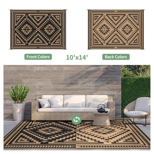 Alt view image 4 of 7 - GENIMO Outdoor Rug for Patio Clearance - 10x14 ft Waterproof Plastic Camping Rugs, Reversible Outside Rv Mat Carpet for Porch, Deck, Picnic, Balcony, Beach, Backyard, Black Brown
