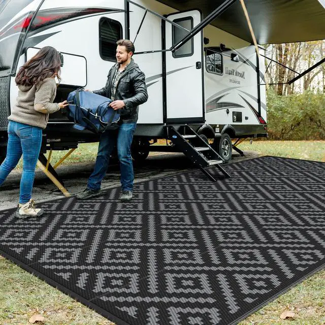 Main image of GENIMO Outdoor Rug for Patio Clearance,9'x18' Waterproof Mat,Reversible Plastic Camping Rugs,Rv,Porch,Deck,Camper,Balcony,Backyard,Black & Gray