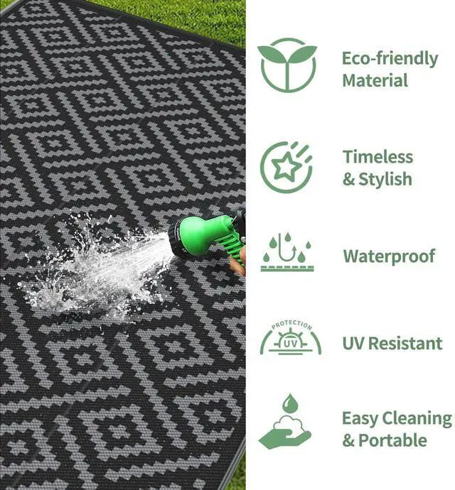 Alt view image 5 of 7 - GENIMO Outdoor Rug for Patio Clearance,9'x18' Waterproof Mat,Reversible Plastic Camping Rugs,Rv,Porch,Deck,Camper,Balcony,Backyard,Black & Gray