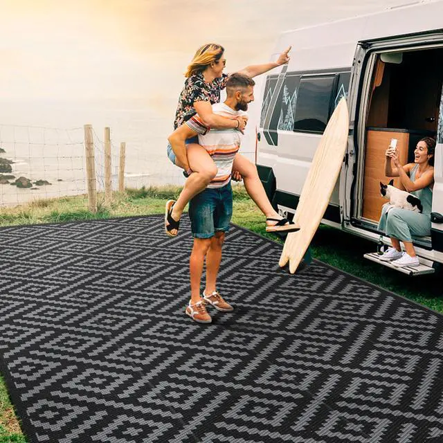 Alt view image 2 of 7 - GENIMO Outdoor Rug for Patio Clearance,9'x18' Waterproof Mat,Reversible Plastic Camping Rugs,Rv,Porch,Deck,Camper,Balcony,Backyard,Black & Gray