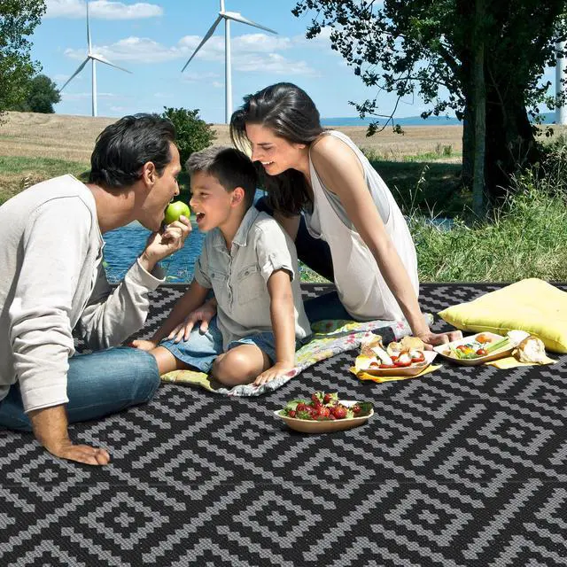 Alt view image 7 of 7 - GENIMO Outdoor Rug for Patio Clearance,9'x18' Waterproof Mat,Reversible Plastic Camping Rugs,Rv,Porch,Deck,Camper,Balcony,Backyard,Black & Gray