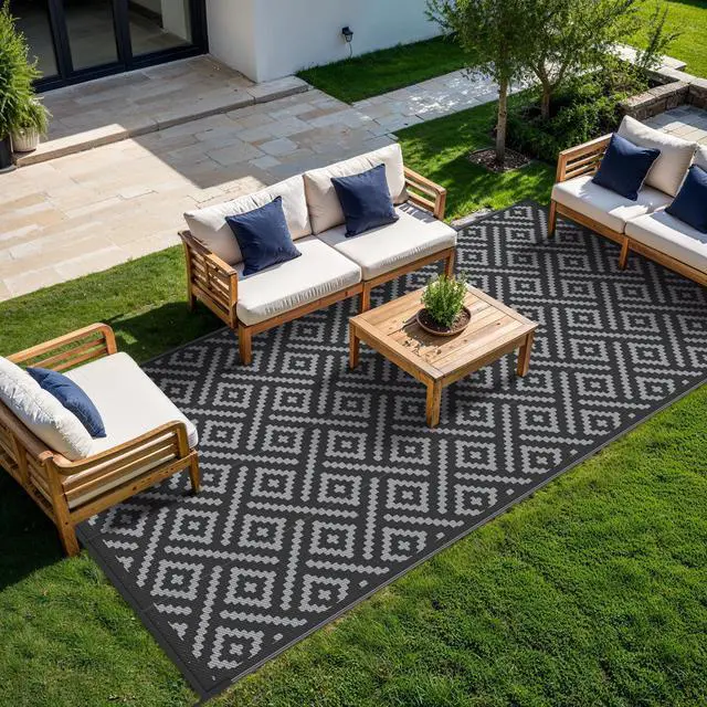 Alt view image 3 of 7 - GENIMO Outdoor Rug for Patio Clearance,9'x18' Waterproof Mat,Reversible Plastic Camping Rugs,Rv,Porch,Deck,Camper,Balcony,Backyard,Black & Gray