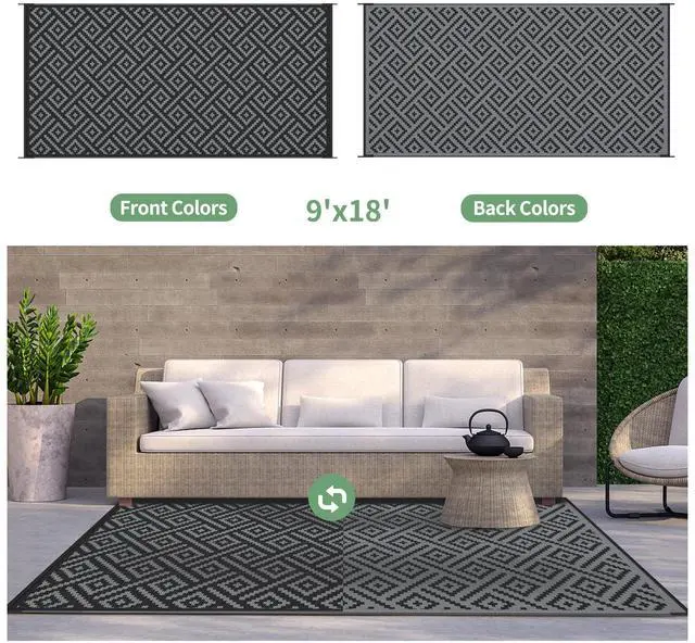 Alt view image 4 of 7 - GENIMO Outdoor Rug for Patio Clearance,9'x18' Waterproof Mat,Reversible Plastic Camping Rugs,Rv,Porch,Deck,Camper,Balcony,Backyard,Black & Gray