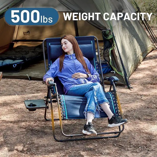 Alt view image 2 of 7 - Timber Ridge Oversized Zero Gravity Chair, 33In Wide XXL Zero Gravity Reclining Chair with Side Table, Full Padded Lounge Chair for Outdoor Camping Patio Lawn, Heavy Duty Supports 500lbs, Blue-1 Pack