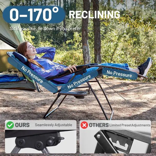 Alt view image 3 of 7 - Timber Ridge Oversized Zero Gravity Chair, 33In Wide XXL Zero Gravity Reclining Chair with Side Table, Full Padded Lounge Chair for Outdoor Camping Patio Lawn, Heavy Duty Supports 500lbs, Blue-1 Pack