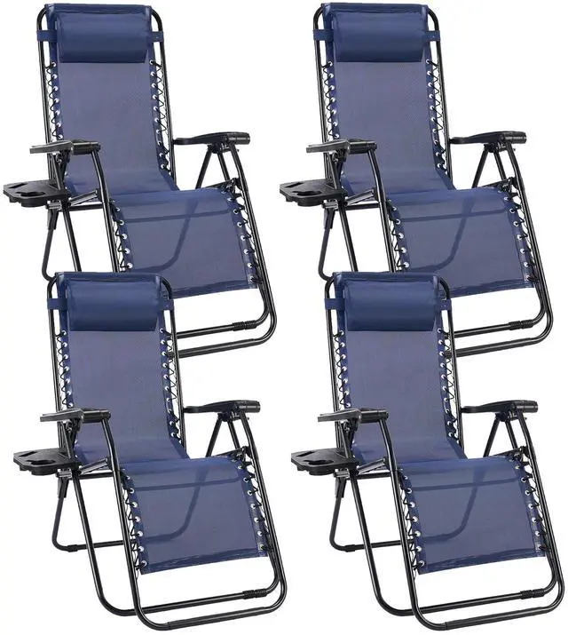 Main image of Sweetcrispy Zero Gravity Chairs, Set of 4 Portable Recliner Beach Camping Patio Outdoor Folding Lounge Chair with Cup Holder Trays and Adjustable Pillow for Poolside, Garden, Backyard, Lawn, Blue