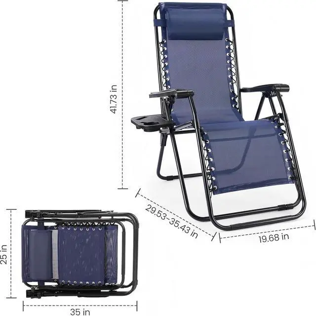 Alt view image 2 of 7 - Sweetcrispy Zero Gravity Chairs, Set of 4 Portable Recliner Beach Camping Patio Outdoor Folding Lounge Chair with Cup Holder Trays and Adjustable Pillow for Poolside, Garden, Backyard, Lawn, Blue