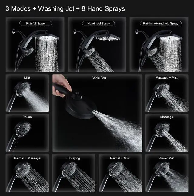 Alt view image 2 of 7 - BOZYBO Rain Shower Head with Handheld: High Pressure Shower Heads with Handheld Spray Combo, 12" Rainfall Shower Head and 9 Sprays Hand Showerheads with Magnetic Docking and Power Jets, Black