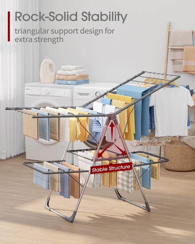 Alt view image 6 of 7 - Clothes Drying Rack, Foldable 2-Level with 55.5" Adjustable Wings | Laundry Room, Bedroom, Indoor & Outdoor Use, Height Adjustable, Clothing & Bedding, 55.5" L × 22.8" W, Gray