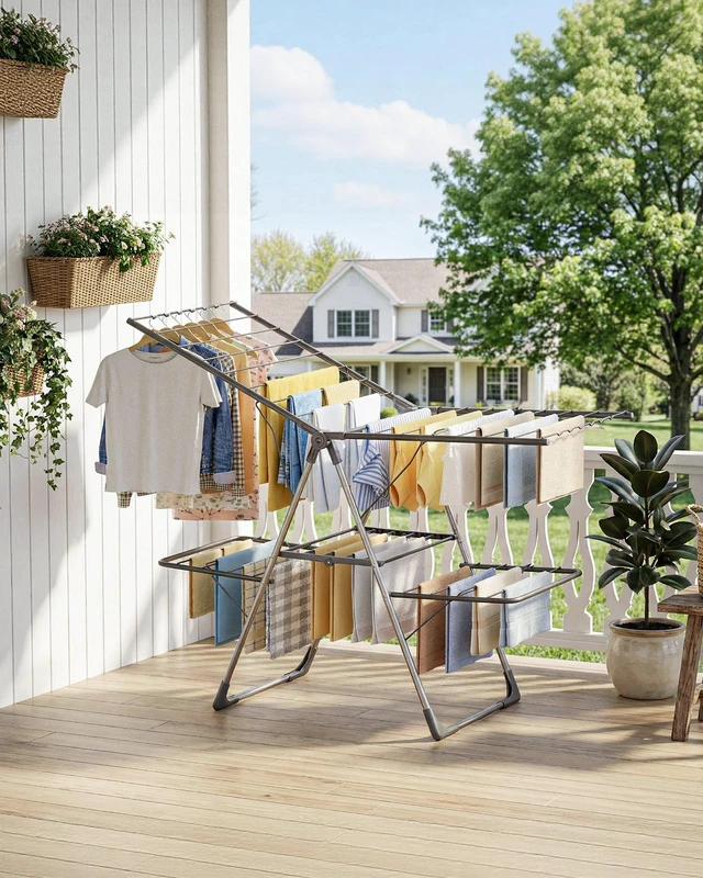 Alt view image 7 of 7 - Clothes Drying Rack, Foldable 2-Level with 55.5" Adjustable Wings | Laundry Room, Bedroom, Indoor & Outdoor Use, Height Adjustable, Clothing & Bedding, 55.5" L × 22.8" W, Gray