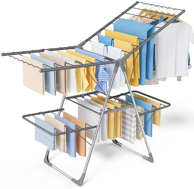 Main image of Clothes Drying Rack, Foldable 2-Level with 55.5" Adjustable Wings | Laundry Room, Bedroom, Indoor & Outdoor Use, Height Adjustable, Clothing & Bedding, 55.5" L × 22.8" W, Gray