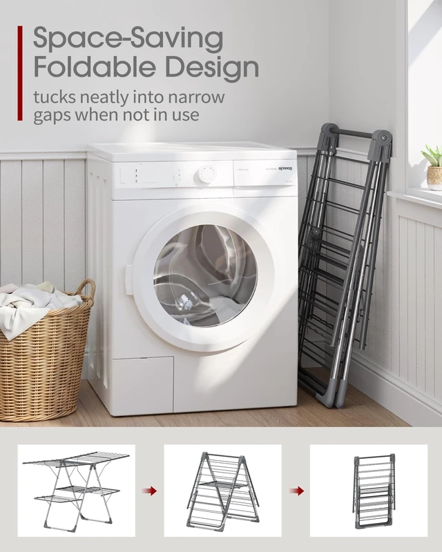 Alt view image 3 of 7 - Clothes Drying Rack, Foldable 2-Level with 55.5" Adjustable Wings | Laundry Room, Bedroom, Indoor & Outdoor Use, Height Adjustable, Clothing & Bedding, 55.5" L × 22.8" W, Gray