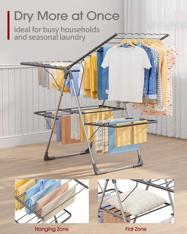 Alt view image 2 of 7 - Clothes Drying Rack, Foldable 2-Level with 55.5" Adjustable Wings | Laundry Room, Bedroom, Indoor & Outdoor Use, Height Adjustable, Clothing & Bedding, 55.5" L × 22.8" W, Gray