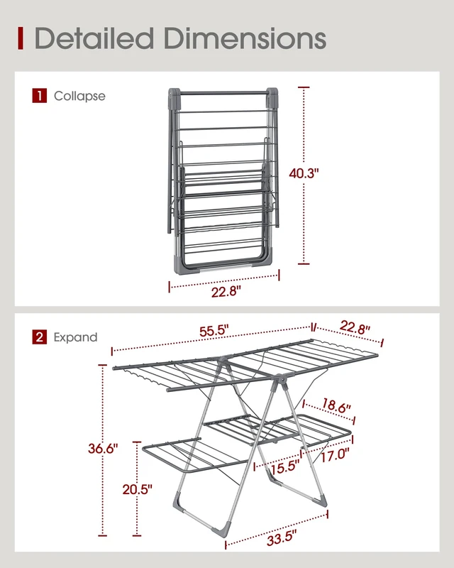 Alt view image 4 of 7 - Clothes Drying Rack, Foldable 2-Level with 55.5" Adjustable Wings | Laundry Room, Bedroom, Indoor & Outdoor Use, Height Adjustable, Clothing & Bedding, 55.5" L × 22.8" W, Gray