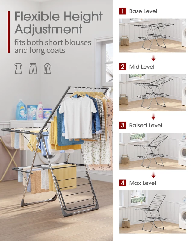 Alt view image 5 of 7 - Clothes Drying Rack, Foldable 2-Level with 55.5" Adjustable Wings | Laundry Room, Bedroom, Indoor & Outdoor Use, Height Adjustable, Clothing & Bedding, 55.5" L × 22.8" W, Gray