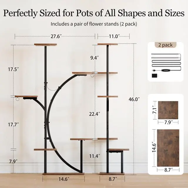 Alt view image 6 of 7 - Plant Stand Indoor with Grow Lights - 2 Pack Corner Plant Shelf, 6 Tiered 47'' Indoor Plant Stands for Multiple Plants, K-Shaped Plant Rack Display Holder, Flower Stands for Living Room Patio Home