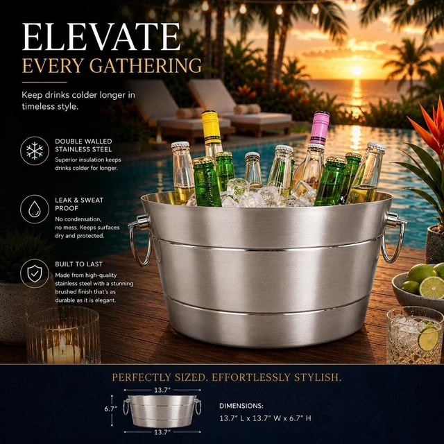 Alt view image 5 of 7 - Insulated Beverage Tub & Ice Bucket, Stainless Steel Silver, 12Qt | Double-Wall Leak-Proof Double-Hinged Handles For Parties