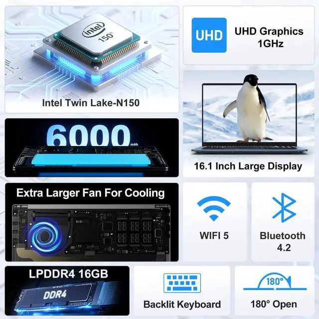 Alt view image 2 of 7 - NIAKUN Gaming Laptop,Windows 11 Pro Laptops with Office 365,16 Inch Laptop Computer 2026,16GB RAM 1TB SSD,N150 Processor(4C/4T),6000 mAh Battery,Backlit Keyboard,1200P FHD,2-Year Warranty,Business