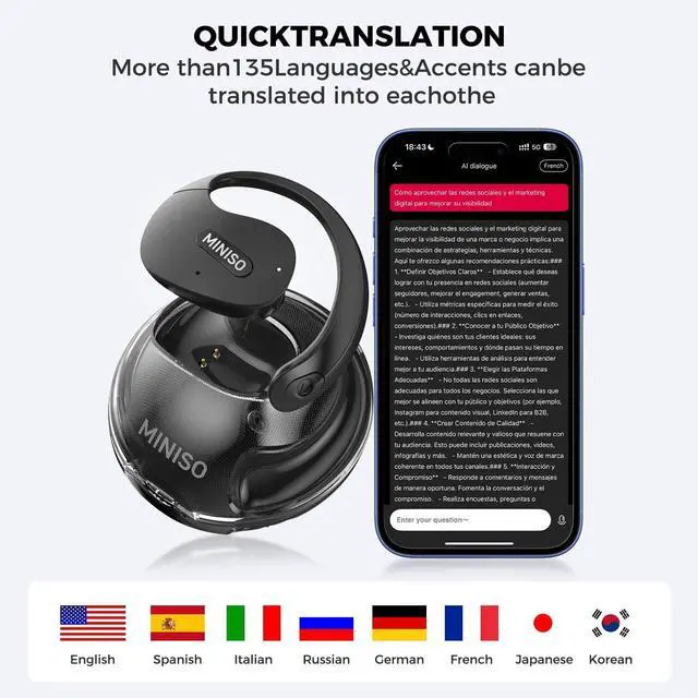 Alt view image 2 of 5 - MINISO X15 PRO Translation Earbuds Open Ear Headphone Bluetooth 5.4 OWS AI Headphones Support 148 Languages Wireless Ear Buds with Earhooks IPX5 Waterproof Bluetooth Blackwith AI