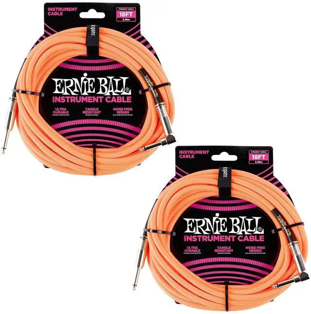 Main image of Ernie Ball Braided Instrument Cable Set Straight/Angle Length 18ft in Neon Orange (P06084) - Pack of 2