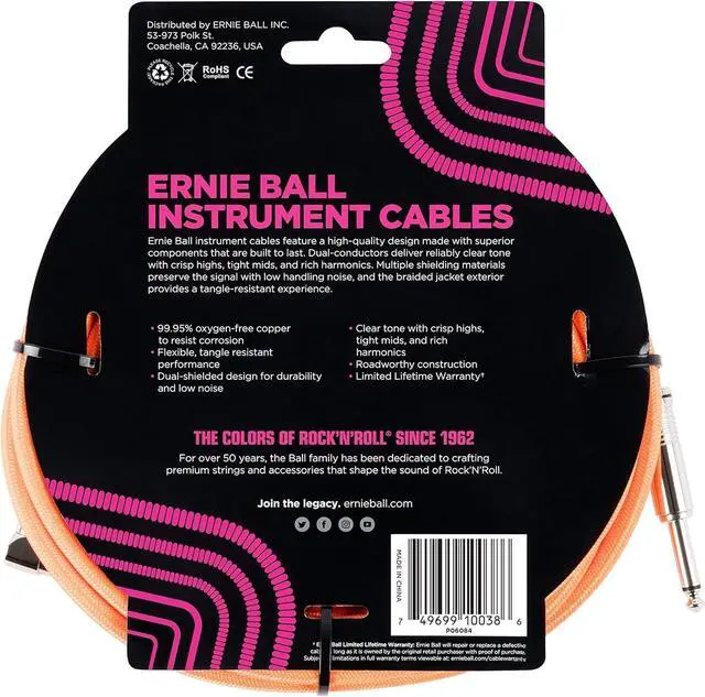 Alt view image 4 of 4 - Ernie Ball Braided Instrument Cable Set Straight/Angle Length 18ft in Neon Orange (P06084) - Pack of 2