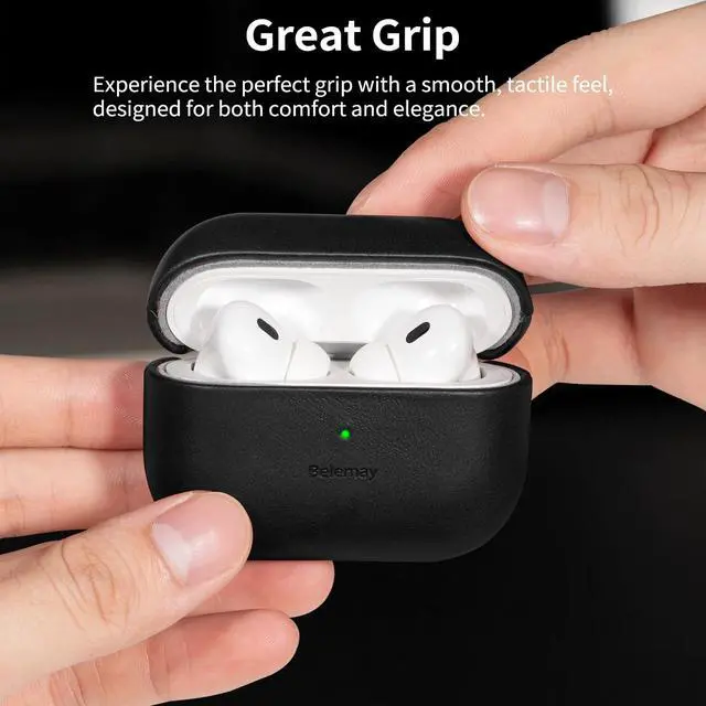 Alt view image 3 of 5 - Belemay Handcrafted Full-Grain Vegetable-Tanned Leather Case for AirPods Pro 3rd Gen (2025), Classy Two-Tone Effect, Natural Patina, Compatible with MagSafe, Compatible with Airpods