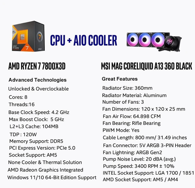 Alt view image 2 of 5 - MICRO CENTER CPU AIO Combo - AMD Ryzen 7 7800X3D Desktop Processor with MSI MPG CORELIQUID P13 360 AIO ARGB LCD CPU Liquid Cooler 360mm Radiator LGA 1851/1700/ AM5/ AM4 Ready