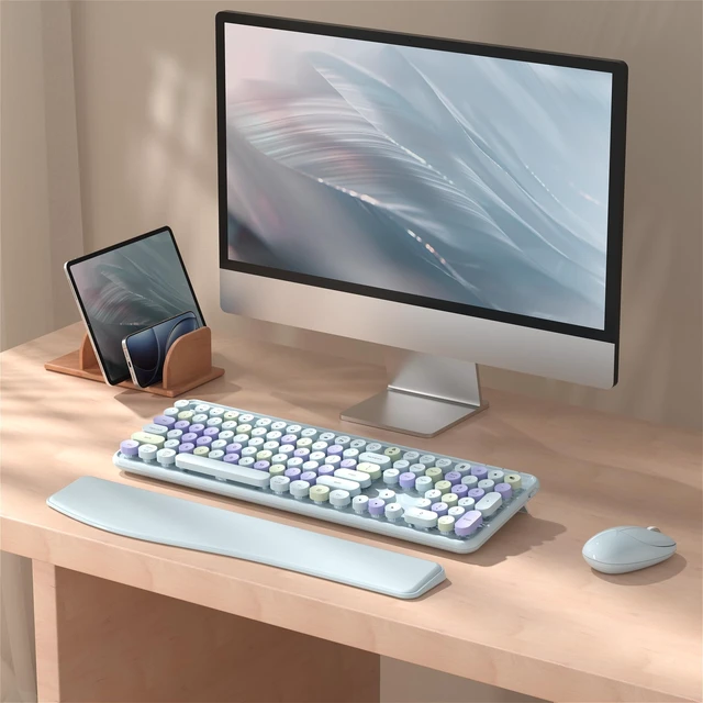 Alt view image 2 of 5 - Wireless Keyboard and Mouse Combo with Phone Holder (Light Blue)