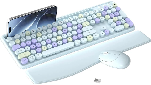 Main image of Wireless Keyboard and Mouse Combo with Phone Holder (Light Blue)