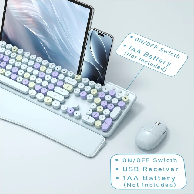 Alt view image 5 of 5 - Wireless Keyboard and Mouse Combo with Phone Holder (Light Blue)
